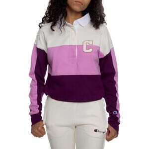 NEW Champion Rugby Cropped Collared Tee Women’s Small Beige Orchid Logo
